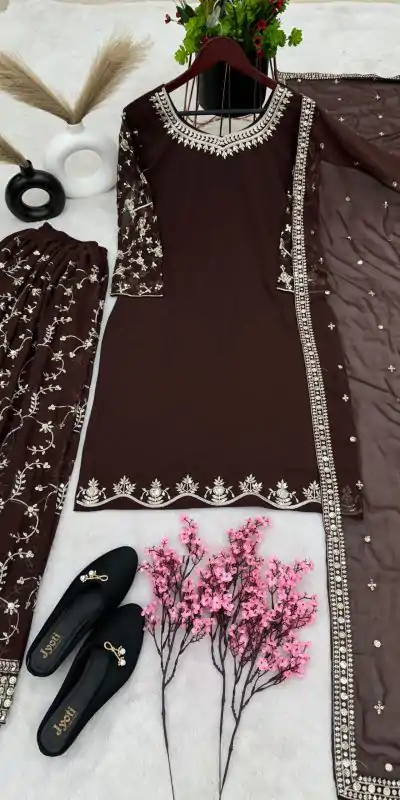 SRK 5135 Coffee Color Georgette Embroidery Sequence Salwar Suit Wedding, Party, Festive, Events Expected Delivery 4-6 Working Days @ 1999/- | Casual Suits, Jump Suits, Salwar suit, Creative suits, Designer Suits, Palazzo Suits, Party Wear Suits, Patiala Suits, Straight Suits
