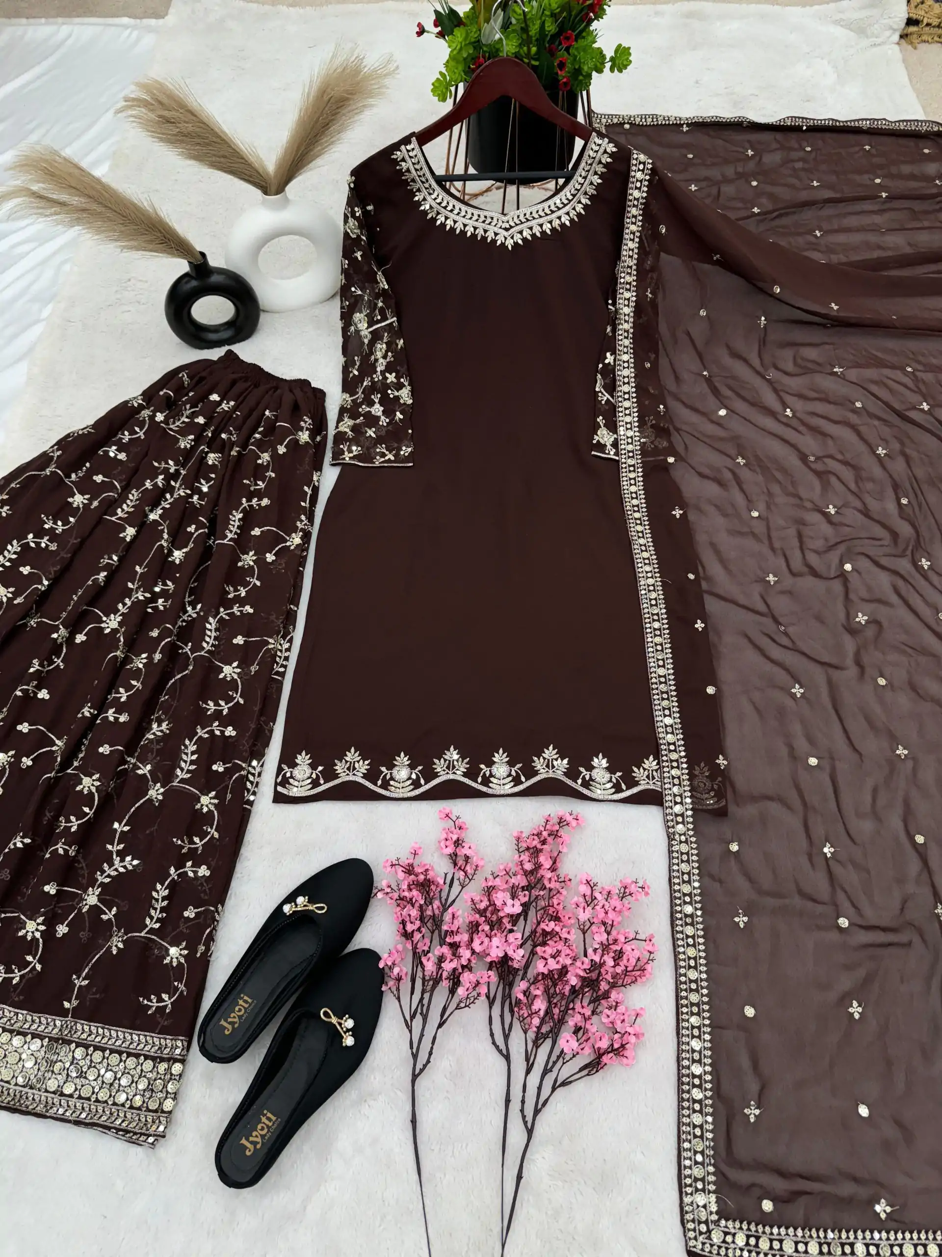 SRK 5135 Coffee Color Georgette Embroidery Sequence Salwar Suit Wedding, Party, Festive, Events Expected Delivery 4-6 Working Days @ 1999/- | Casual Suits, Jump Suits, Salwar suit, Creative suits, Designer Suits, Palazzo Suits, Party Wear Suits, Patiala Suits, Straight Suits