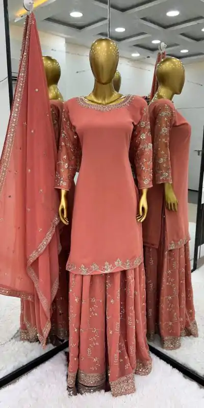 SRK 5135 Onion Color Georgette Embroidery Sequence Salwar Suit Wedding, Party, Festive, Events Expected Delivery 4-6 Working Days @ 1999/- | Casual Suits, Jump Suits, Salwar suit, Creative suits, Designer Suits, Palazzo Suits, Party Wear Suits, Patiala Suits, Straight Suits