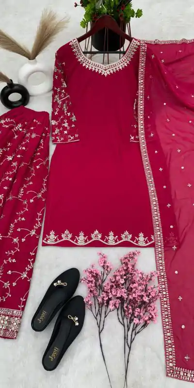 SRK 5135 Red Color Georgette Embroidery Sequence Salwar Suit Wedding, Party, Festive, Events Expected Delivery 4-6 Working Days @ 1999/- | Casual Suits, Jump Suits, Salwar suit, Creative suits, Designer Suits, Palazzo Suits, Party Wear Suits, Patiala Suits, Straight Suits