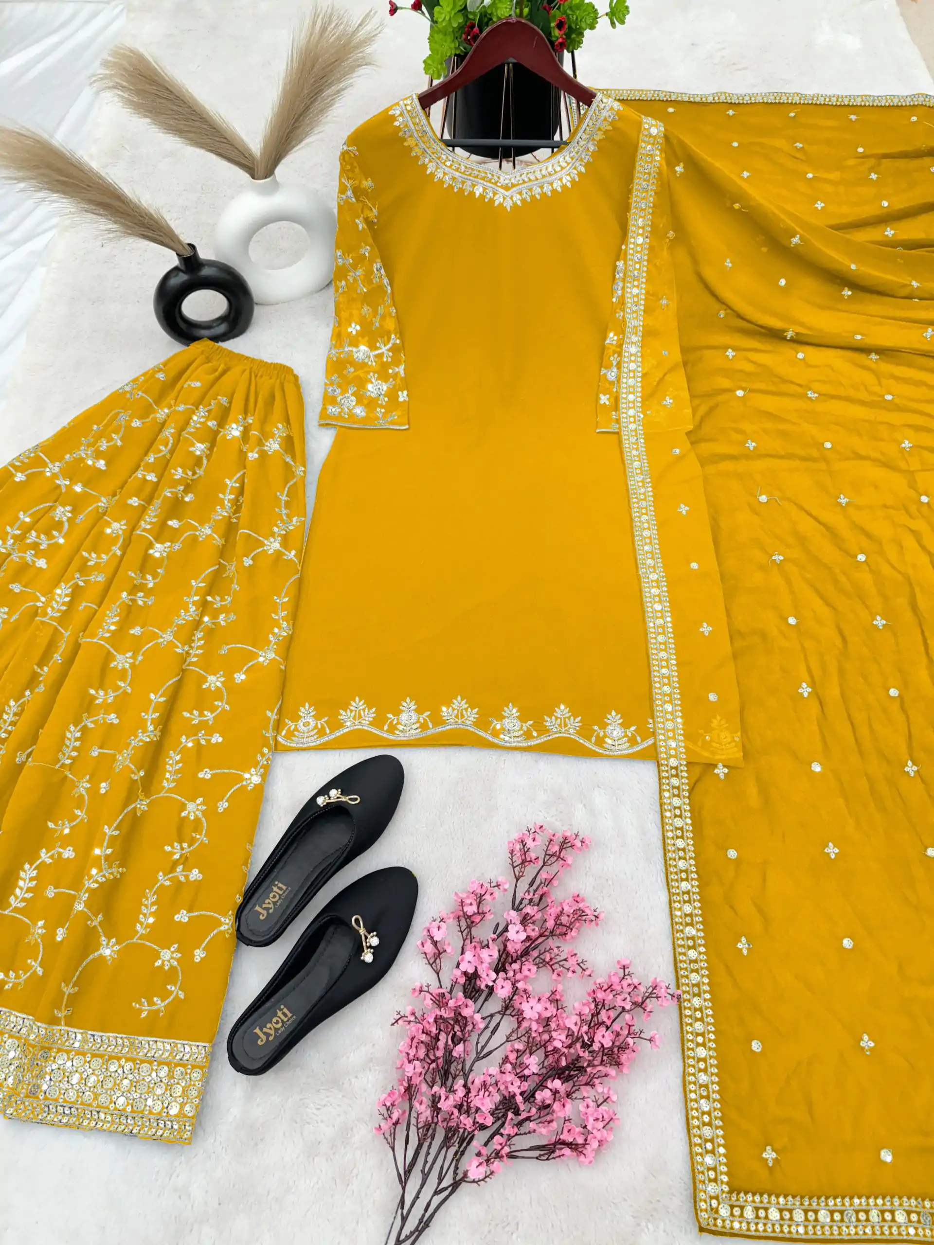 SRK 5135 Yellow Color Georgette Embroidery Sequence Salwar Suit Wedding, Party, Festive, Events Expected Delivery 4-6 Working Days @ 1999/- | Casual Suits, Jump Suits, Salwar suit, Creative suits, Designer Suits, Palazzo Suits, Party Wear Suits, Patiala Suits, Straight Suits