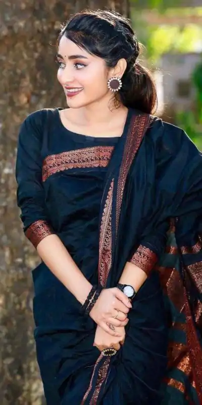 DDF COPPER Black Color Banarasi Soft Silk Ordinary Design Saree Casual, Party Wear, Events, Festivals Wear Etc. Expected Delivery 4-6 Working Days 1399/- | Designer Sarees, Embroidered Sarees, Sarees, Bollywood Sarees, Creative Sarees, Ethnic Saree, Modern Digital sarees, Party Wear Sarees