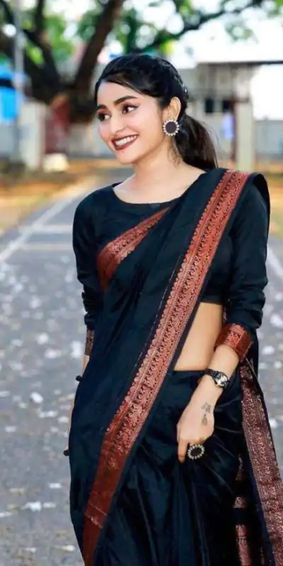 DDF COPPER Black Color Banarasi Soft Silk Ordinary Design Saree Casual, Party Wear, Events, Festivals Wear Etc. Expected Delivery 4-6 Working Days 1399/- | Designer Sarees, Embroidered Sarees, Sarees, Bollywood Sarees, Creative Sarees, Ethnic Saree, Modern Digital sarees, Party Wear Sarees