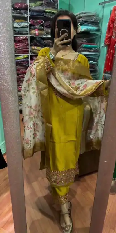 AD 164 Yellow Color Chinon Silk Embroidery Work Sharara Suit Casual, Wedding, Party, Festive, Events Etc. Expected Delivery 4-6 Working Days @1949/- | Casual Suits, Jump Suits, Salwar suit, Creative suits, Designer Suits, Palazzo Suits, Party Wear Suits, Patiala Suits, Straight Suits