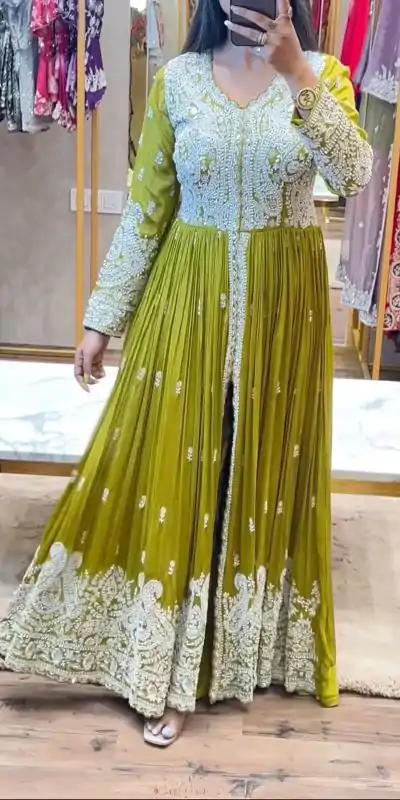 SR 1623 Pista Green Color Georgette Embroidery Sequence Gown Casual, Wedding, Party, Festive, Events Etc. Expected Delivery 4-6 Working Days @2349/- | Gowns, Bollywood Gowns, Creative Gowns, Designer Gowns, Embroidered Gowns, Party Wear Gowns