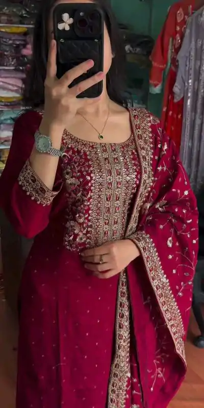 AD 163 Red Color Chinon Silk Embroidery Work Sharara Suit Casual, Wedding, Party, Festive, Events Etc. Expected Delivery 4-6 Working Days @2249/- | Casual Suits, Jump Suits, Salwar suit, Creative suits, Designer Suits, Palazzo Suits, Party Wear Suits, Patiala Suits, Straight Suits