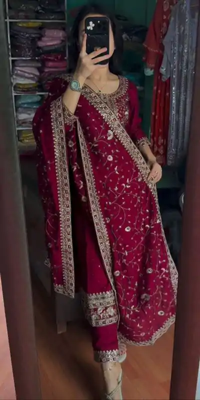 AD 163 Red Color Chinon Silk Embroidery Work Sharara Suit Casual, Wedding, Party, Festive, Events Etc. Expected Delivery 4-6 Working Days @2249/- | Casual Suits, Jump Suits, Salwar suit, Creative suits, Designer Suits, Palazzo Suits, Party Wear Suits, Patiala Suits, Straight Suits
