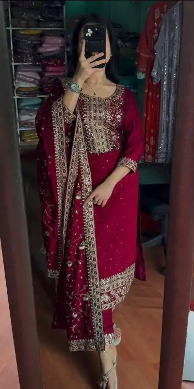 AD 163 Red Color Chinon Silk Embroidery Work Sharara Suit Casual, Wedding, Party, Festive, Events Etc. Expected Delivery 4-6 Working Days @2249/- | Casual Suits, Jump Suits, Salwar suit, Creative suits, Designer Suits, Palazzo Suits, Party Wear Suits, Patiala Suits, Straight Suits