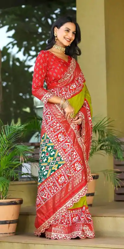 BT 1240 Parrot Green Color Rich Ikkat Pallu Embroidery Saree Casual, Party Wear, Traditional Wear, Wedding Wear, Events Etc.@2099/- | Designer Sarees, Sarees, Bollywood Sarees, Creative Sarees, Ethnic Saree, Modern Digital sarees, Party Wear Sarees