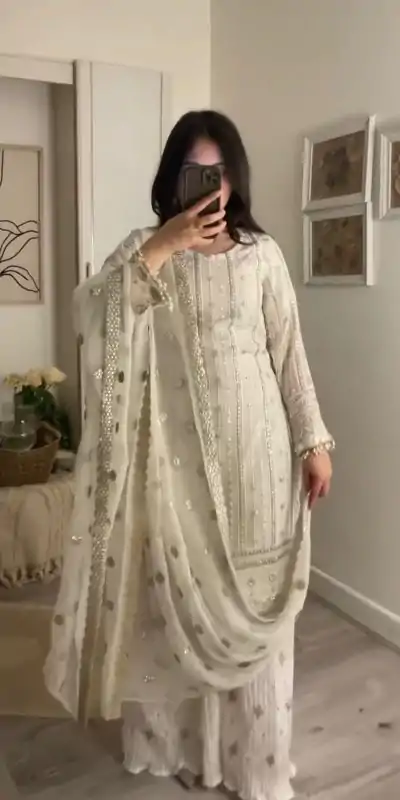 ZF 381 White Color Georgette Embroidery Sequence Salwar Suit Casual, Wedding, Party, Events Etc. Expected Delivery 4-6 Working Days 2399/- | Casual Suits, Jump Suits, Salwar suit, Creative suits, Designer Suits, Palazzo Suits, Party Wear Suits, Patiala Suits, Straight Suits