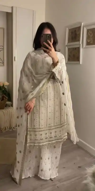 ZF 381 White Color Georgette Embroidery Sequence Salwar Suit Casual, Wedding, Party, Events Etc. Expected Delivery 4-6 Working Days 2399/- | Casual Suits, Jump Suits, Salwar suit, Creative suits, Designer Suits, Palazzo Suits, Party Wear Suits, Patiala Suits, Straight Suits