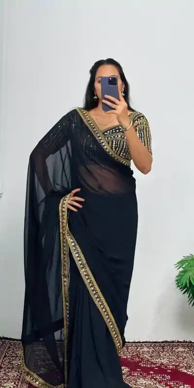 ST 468 Black Color Georgette Embroidery Lace Border Work Saree Casual, Wedding, Party, Festive, Events Etc. Expected Delivery 4-6 Working Days @1699/- | Designer Sarees, Embroidered Sarees, Sarees, Bollywood Sarees, Creative Sarees, Ethnic Saree, Modern Digital sarees, Party Wear Sarees