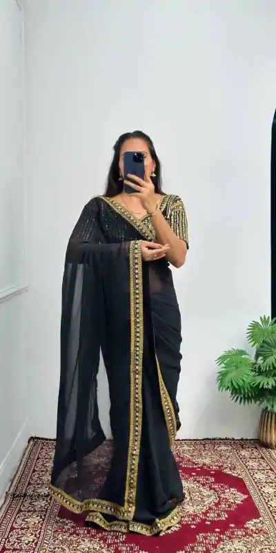 ST 468 Black Color Georgette Embroidery Lace Border Work Saree Casual, Wedding, Party, Festive, Events Etc. Expected Delivery 4-6 Working Days @1699/- | Designer Sarees, Embroidered Sarees, Sarees, Bollywood Sarees, Creative Sarees, Ethnic Saree, Modern Digital sarees, Party Wear Sarees