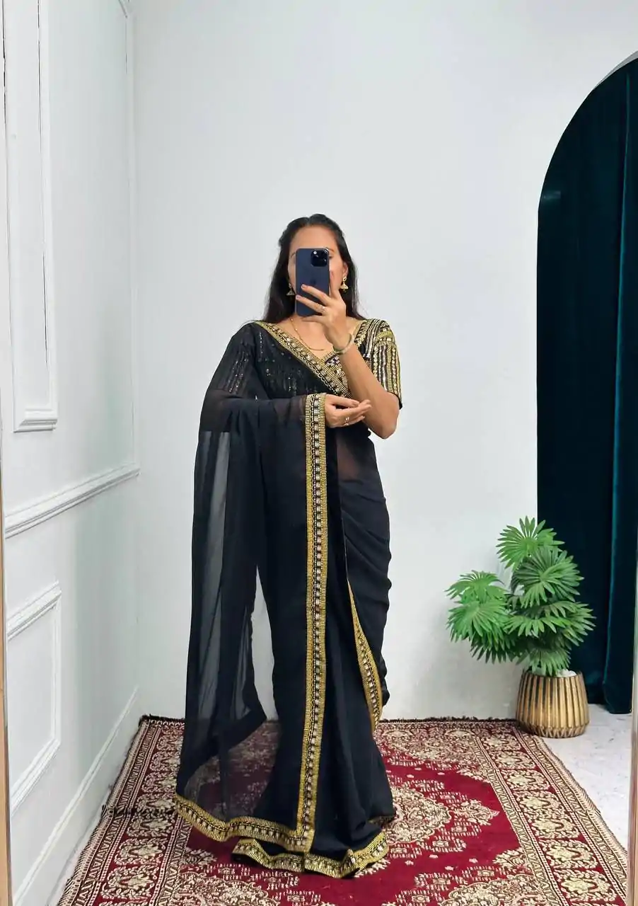 ST 468 Black Color Georgette Embroidery Lace Border Work Saree Casual, Wedding, Party, Festive, Events Etc. Expected Delivery 4-6 Working Days @1699/- | Designer Sarees, Embroidered Sarees, Sarees, Bollywood Sarees, Creative Sarees, Ethnic Saree, Modern Digital sarees, Party Wear Sarees