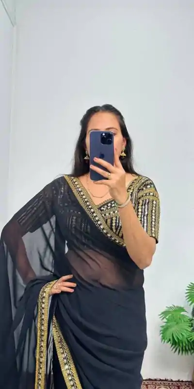 ST 468 Black Color Georgette Embroidery Lace Border Work Saree Casual, Wedding, Party, Festive, Events Etc. Expected Delivery 4-6 Working Days @1699/- | Designer Sarees, Embroidered Sarees, Sarees, Bollywood Sarees, Creative Sarees, Ethnic Saree, Modern Digital sarees, Party Wear Sarees