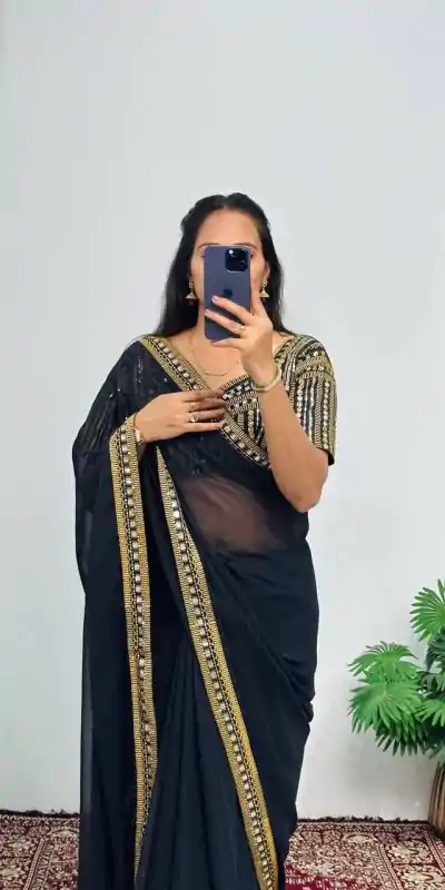 ST 468 Black Color Georgette Embroidery Lace Border Work Saree Casual, Wedding, Party, Festive, Events Etc. Expected Delivery 4-6 Working Days @1699/- | Designer Sarees, Embroidered Sarees, Sarees, Bollywood Sarees, Creative Sarees, Ethnic Saree, Modern Digital sarees, Party Wear Sarees
