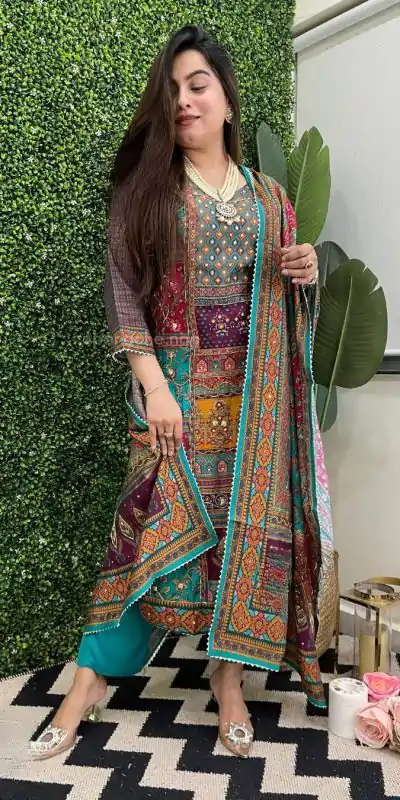 LG 1859 Blue color Maslin Printed Real Mirror Work Salwar Suit Casual, Wedding, Party, Festive, Events . Expected Delivery 4-6 Working Days @1899/- | Casual Suits, Salwar suit, Creative suits, Designer Suits, Palazzo Suits, Party Wear Suits, Patiala Suits, Straight Suits