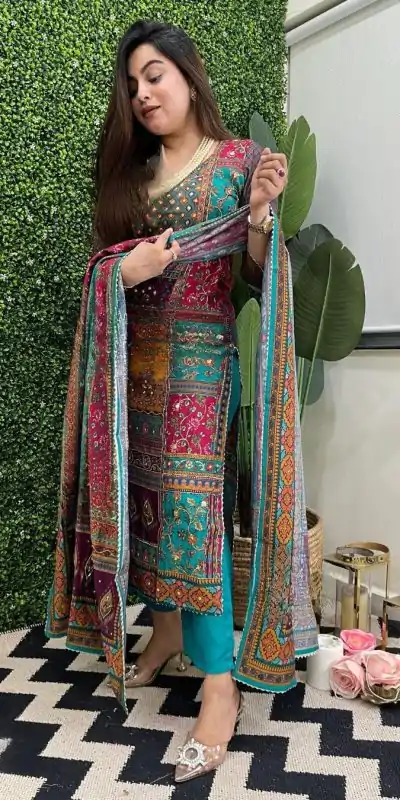 LG 1859 Blue color Maslin Printed Real Mirror Work Salwar Suit Casual, Wedding, Party, Festive, Events . Expected Delivery 4-6 Working Days @1899/- | Casual Suits, Salwar suit, Creative suits, Designer Suits, Palazzo Suits, Party Wear Suits, Patiala Suits, Straight Suits