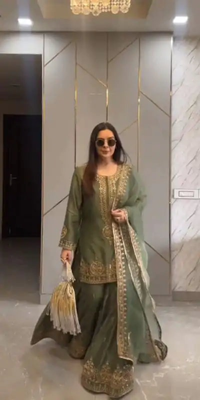 ZF 375 Green Color Chinnon Silk Embroidery Sequence Salwar Suit Casual, Wedding, Party, Events Etc. Expected Delivery 4-6 Working Days 2099/- | Casual Suits, Jump Suits, Salwar suit, Creative suits, Designer Suits, Palazzo Suits, Party Wear Suits, Patiala Suits, Straight Suits