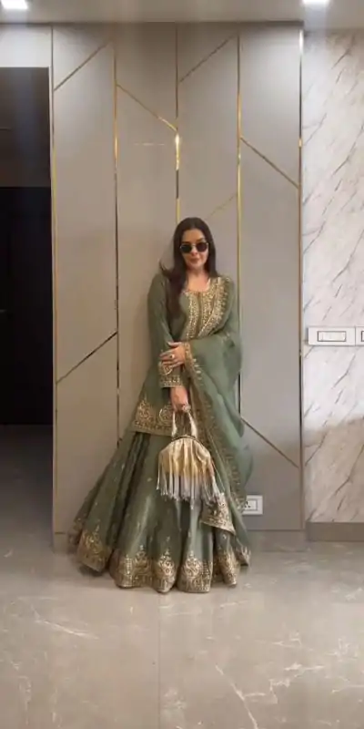 ZF 375 Green Color Chinnon Silk Embroidery Sequence Salwar Suit Casual, Wedding, Party, Events Etc. Expected Delivery 4-6 Working Days 2099/- | Casual Suits, Jump Suits, Salwar suit, Creative suits, Designer Suits, Palazzo Suits, Party Wear Suits, Patiala Suits, Straight Suits