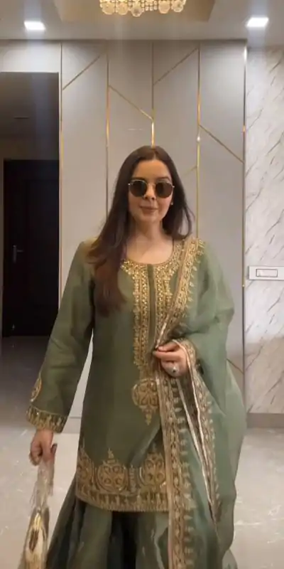 ZF 375 Green Color Chinnon Silk Embroidery Sequence Salwar Suit Casual, Wedding, Party, Events Etc. Expected Delivery 4-6 Working Days 2099/- | Casual Suits, Jump Suits, Salwar suit, Creative suits, Designer Suits, Palazzo Suits, Party Wear Suits, Patiala Suits, Straight Suits