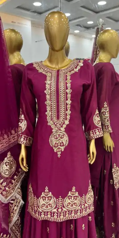 ZF 375 Purple Color Chinnon Silk Embroidery Sequence Salwar Suit Casual, Wedding, Party, Events Etc. Expected Delivery 4-6 Working Days 2099/- | Casual Suits, Jump Suits, Salwar suit, Creative suits, Designer Suits, Palazzo Suits, Party Wear Suits, Patiala Suits, Straight Suits