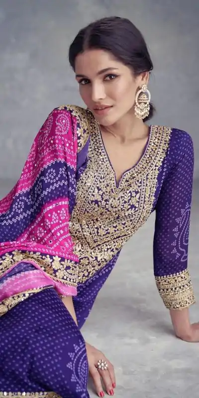 ZF 386 Violet Color Chinnon Digital Printed Sequence Salwar Suit Casual, Wedding, Party, Events Etc. Expected Delivery 4-6 Working Days 2399/- | Casual Suits, Jump Suits, Salwar suit, Creative suits, Designer Suits, Palazzo Suits, Party Wear Suits, Patiala Suits, Straight Suits