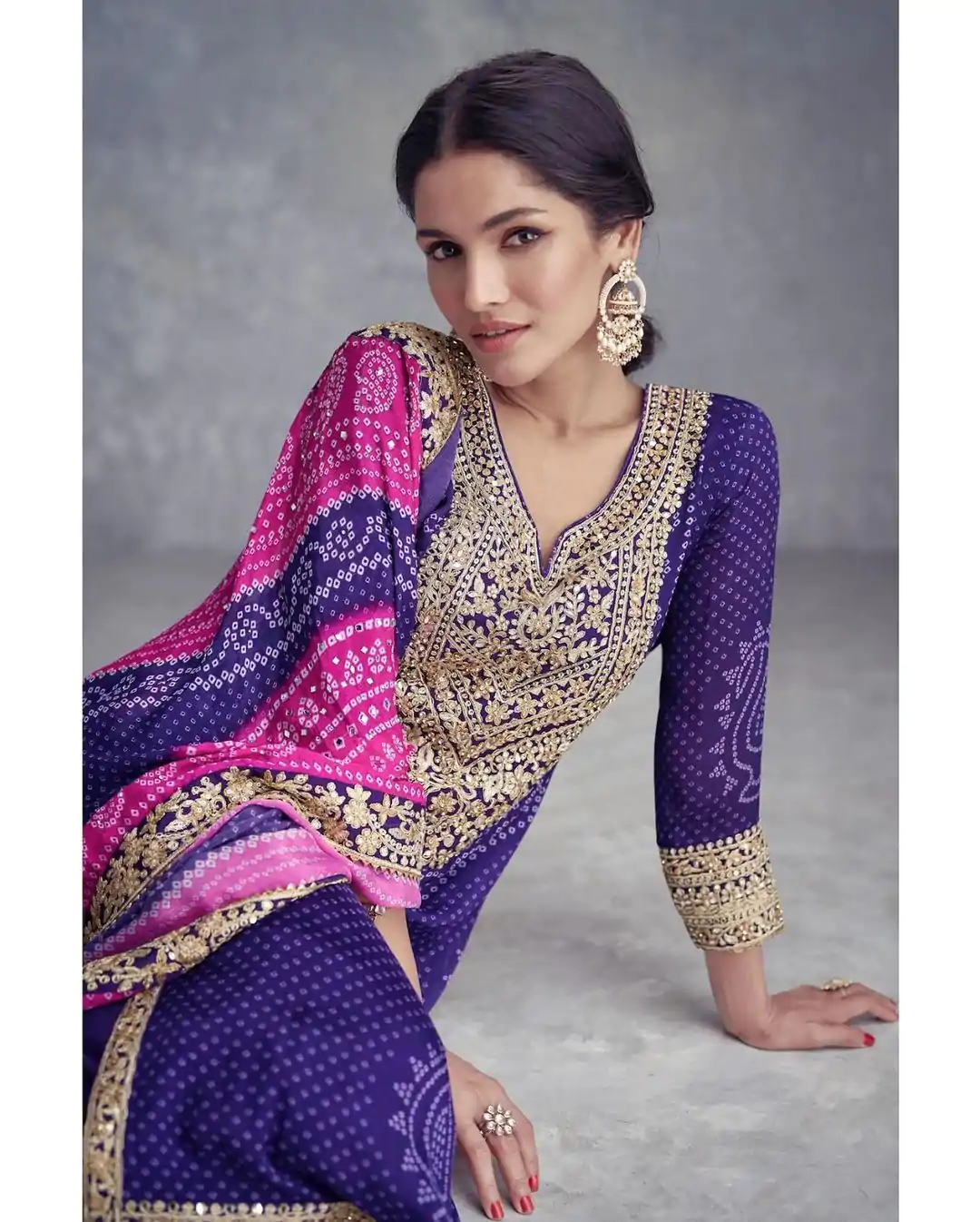 ZF 386 Violet Color Chinnon Digital Printed Sequence Salwar Suit Casual, Wedding, Party, Events Etc. Expected Delivery 4-6 Working Days 2399/- | Casual Suits, Jump Suits, Salwar suit, Creative suits, Designer Suits, Palazzo Suits, Party Wear Suits, Patiala Suits, Straight Suits