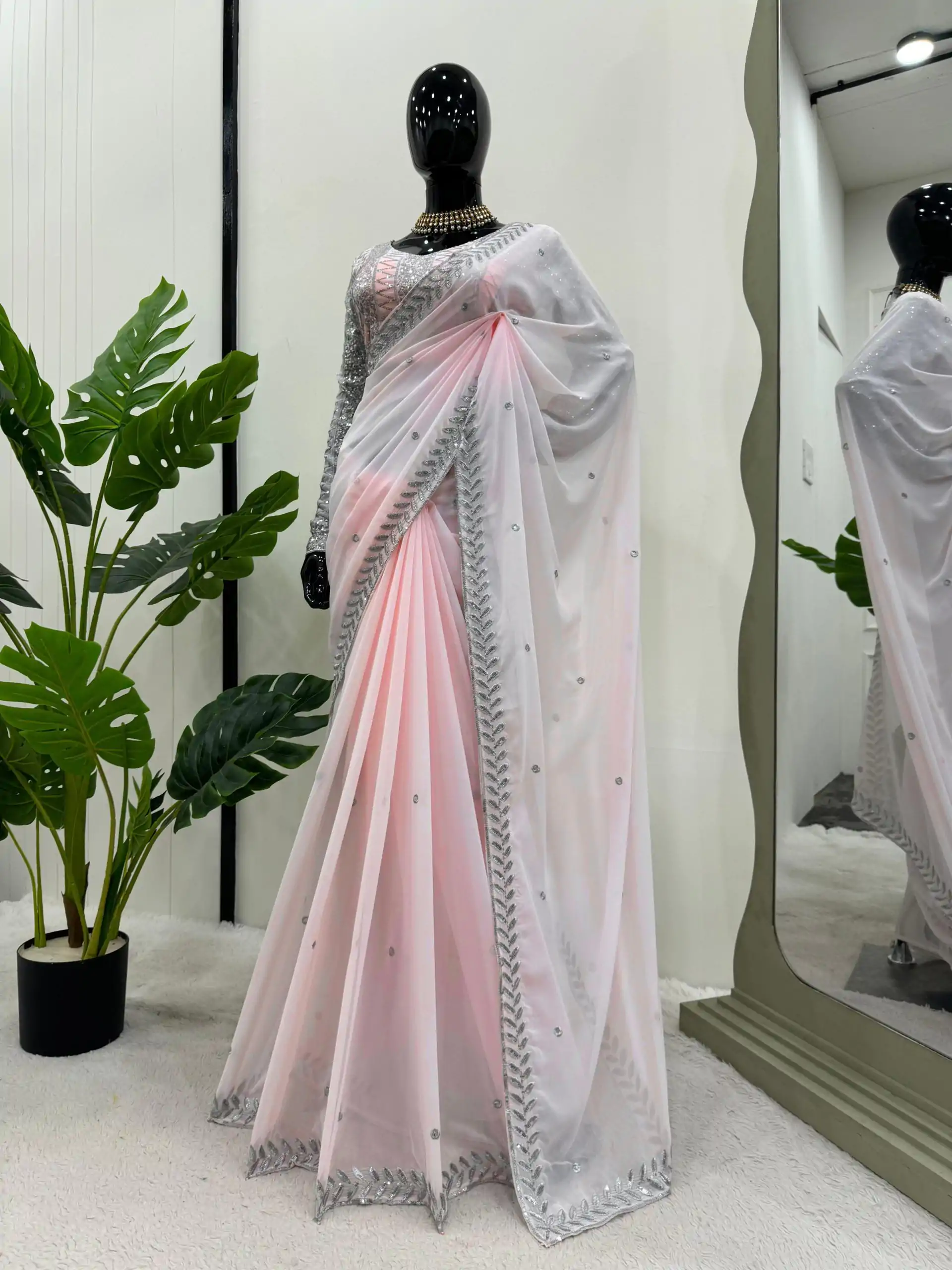 KD 498 Off Light Pink Color Faux Georgette Thread Sequence Work Saree Casual, Party Wear, Wedding, Events Etc. Expected Delivery 4-6 Working Days @1799/- | Designer Sarees, Embroidered Sarees, Sarees, Bollywood Sarees, Creative Sarees, Ethnic Saree, Modern Digital sarees, Party Wear Sarees