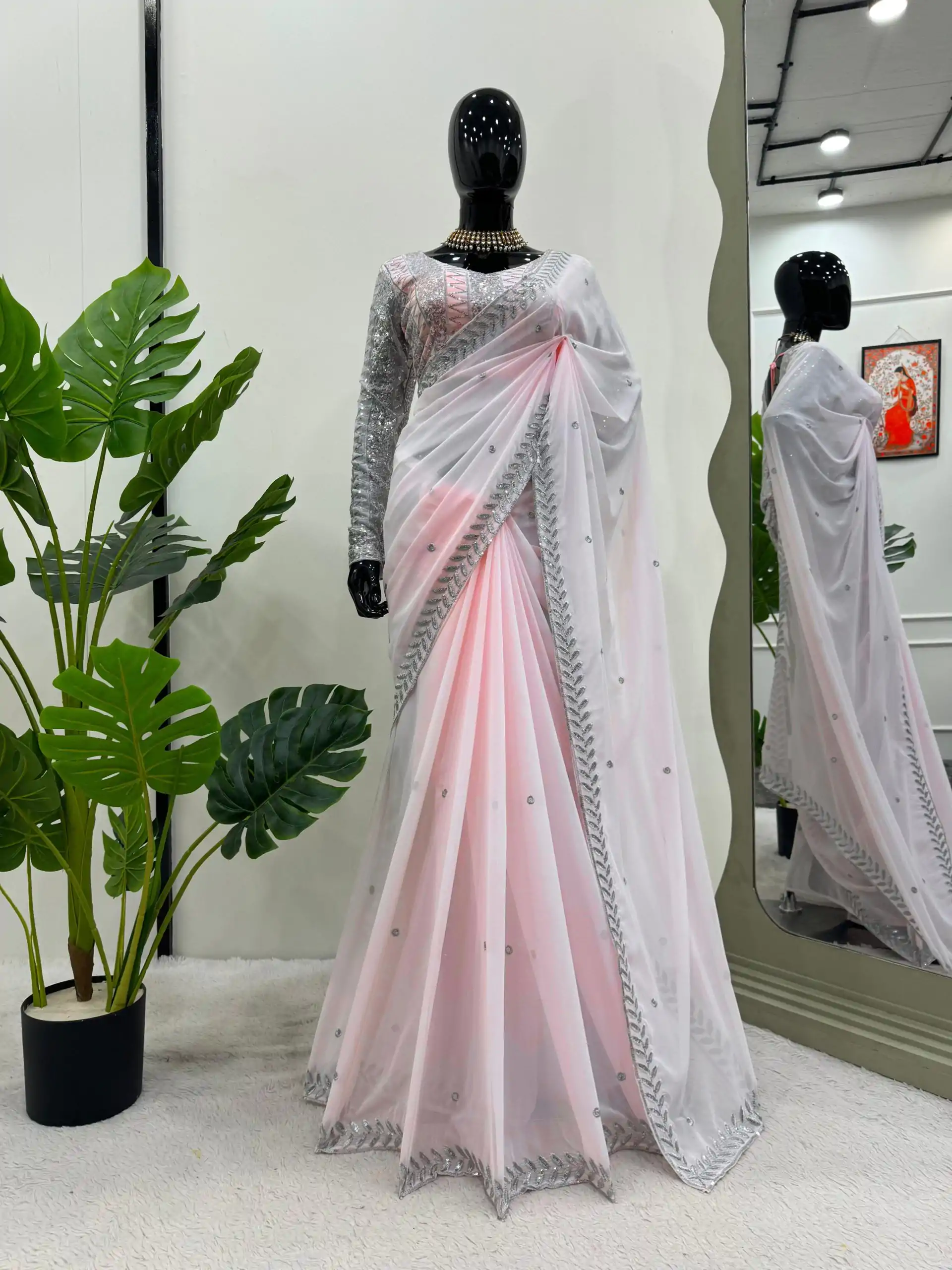KD 498 Off Light Pink Color Faux Georgette Thread Sequence Work Saree Casual, Party Wear, Wedding, Events Etc. Expected Delivery 4-6 Working Days @1799/- | Designer Sarees, Embroidered Sarees, Sarees, Bollywood Sarees, Creative Sarees, Ethnic Saree, Modern Digital sarees, Party Wear Sarees