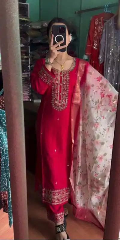 SR 1622 Red Color Chinnon Silk Embroidery Sharara Suit Wedding, Party, Festive, Events Etc. Expected Delivery 4-6 Working Days @1949 | Casual Suits, Salwar suit, Creative suits, Designer Suits, Palazzo Suits, Party Wear Suits, Straight Suits