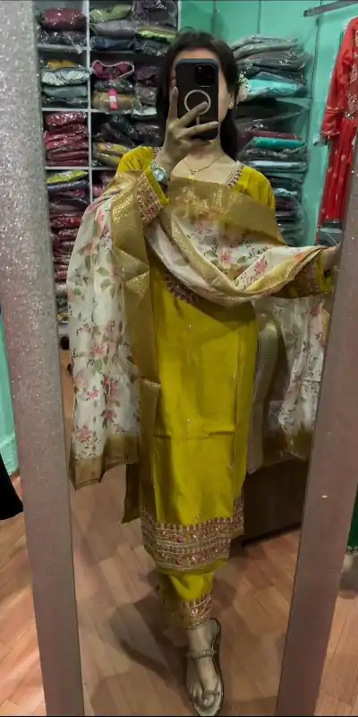 SR 1622 Yellow Color Chinnon Silk Embroidery Sharara Suit Wedding, Party, Festive, Events Etc. Expected Delivery 4-6 Working Days @1949 | Casual Suits, Salwar suit, Creative suits, Designer Suits, Palazzo Suits, Party Wear Suits, Straight Suits