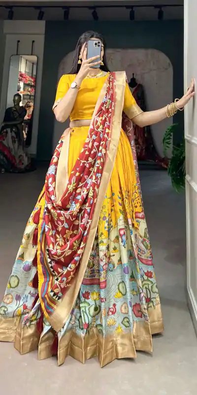 LNB1 2027 Yellow Color Dola Silk Kalamkari Printed Lehenga Choli Traditional Wear, Festive, Party, Wedding, Events etc. Expected 4-6 Working Days @1899/- | Lehenga, Bollywood Lehenga, Creative Lehenga, Designer Lehenga, Embroidered Lehenga, Party Wear Lehenga