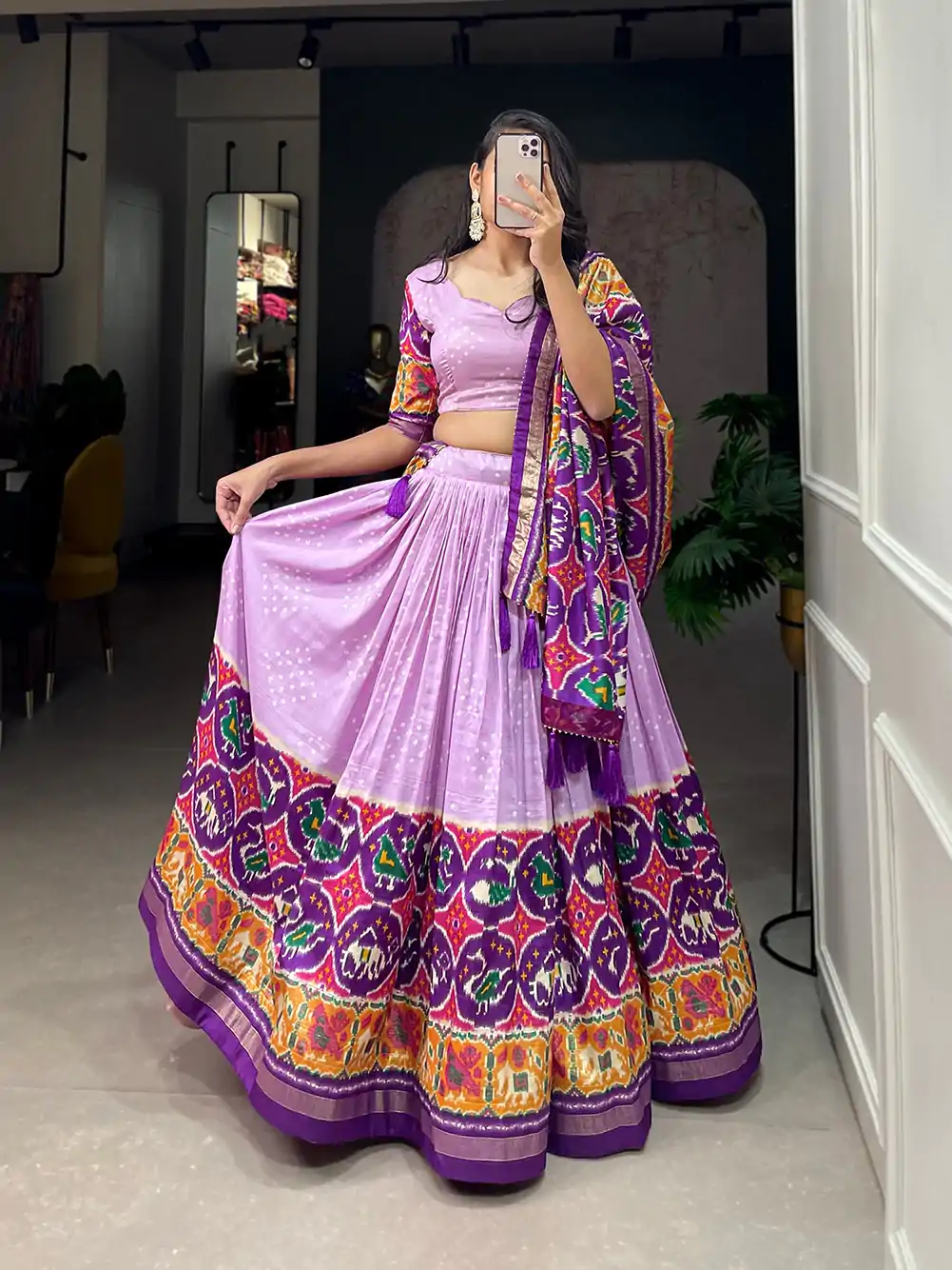 LNB 1684 Lavender Color Tussar Silk Patola Printed Lehenga Cho Festive Party Wedding, Events etc. Delivery 4-6 Working Days @2549/- | Lehenga, Bollywood Lehenga, Creative Lehenga, Designer Lehenga, Embroidered Lehenga, Party Wear Lehenga