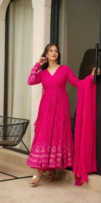 KD 1479 Pink Color Faux Georgette Sequence Thread Anarkali Suit Casual, Party, Wedding, Festive, Events Etc. Expected Delivery 4-6 Working Days @2299/- Only | Anarkali Suits, Bollywood Anarkali, Creative-Anarkali, Designer Anarkali, Embroidered Anarkali, Party Wear Anarkali