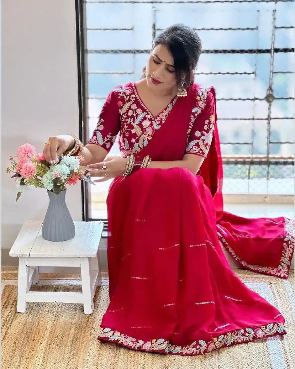 BT 3107 Red Color Rangoli Silk Beautiful Embroidery Saree Casual, Party Wear, Traditional Wear, Wedding Wear, Events Etc.@2099/- | Designer Sarees, Sarees, Bollywood Sarees, Creative Sarees, Ethnic Saree, Modern Digital sarees, Party Wear Sarees