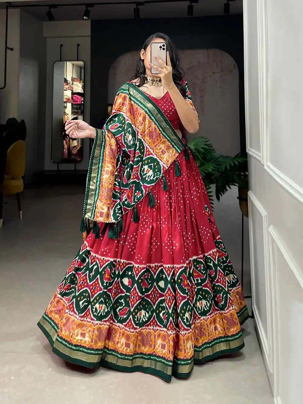 LNB 1684 Red Color Tussar Silk Patola Printed Lehenga Cho Festive Party Wedding, Events etc. Delivery 4-6 Working Days @2549/- | Lehenga, Bollywood Lehenga, Creative Lehenga, Designer Lehenga, Embroidered Lehenga, Party Wear Lehenga