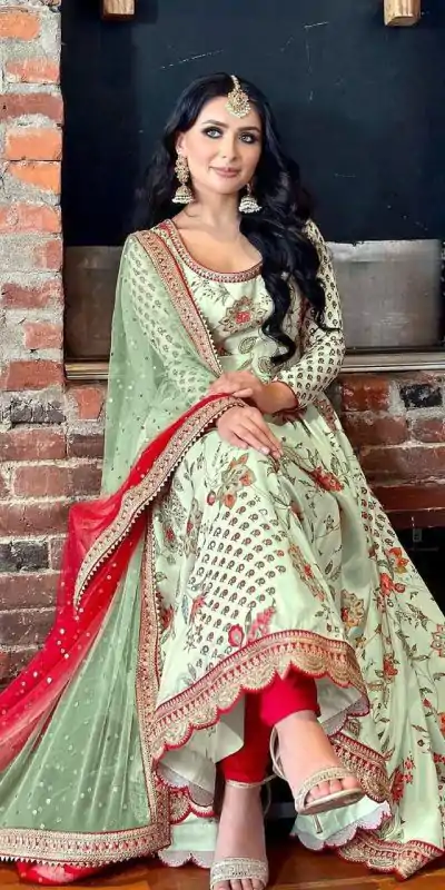 SR 1620 Green color Georgette Embroidery Diamond Anarkali Suit Casual, Wedding, Party, Festive, Events . Expected Delivery 4-6 Working Days @2099/- | Anarkali Suits, Bollywood Anarkali, Creative-Anarkali, Designer Anarkali, Embroidered Anarkali, Party Wear Anarkali