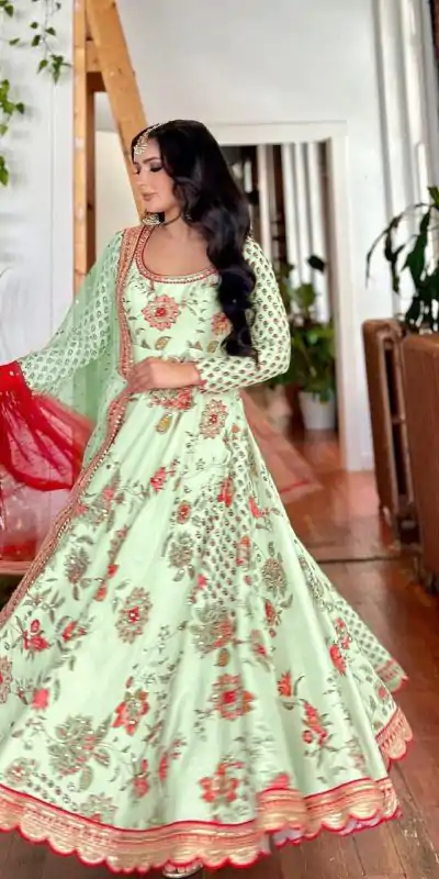 SR 1620 Green color Georgette Embroidery Diamond Anarkali Suit Casual, Wedding, Party, Festive, Events . Expected Delivery 4-6 Working Days @2099/- | Anarkali Suits, Bollywood Anarkali, Creative-Anarkali, Designer Anarkali, Embroidered Anarkali, Party Wear Anarkali