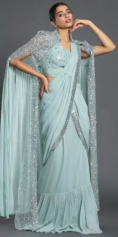 Ram 310 Light Blue Color Georgette Sequence Beautiful Frill Saree Casual, Wedding, Party, Festive, Events Etc. Expected Delivery 4-6 Working Days @2179/- | Designer Sarees, Embroidered Sarees, Sarees, Bollywood Sarees, Creative Sarees, Ethnic Saree, Modern Digital sarees, Party Wear Sarees