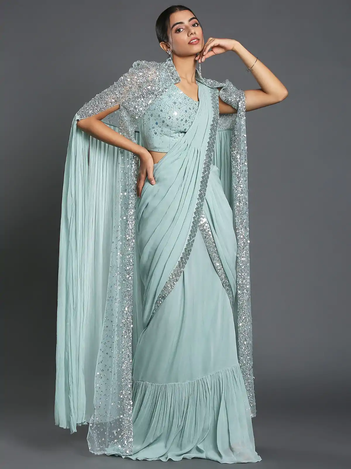 Ram 310 Light Blue Color Georgette Sequence Beautiful Frill Saree Casual, Wedding, Party, Festive, Events Etc. Expected Delivery 4-6 Working Days @2179/- | Designer Sarees, Embroidered Sarees, Sarees, Bollywood Sarees, Creative Sarees, Ethnic Saree, Modern Digital sarees, Party Wear Sarees