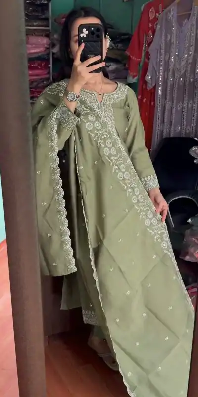 SRK 5178 Mehndi Color Chinnon Silk Embroidery Sequence Salwar Suit Wedding, Party, Festive, Events Expected Delivery 4-6 Working Days @ 2099/- | Casual Suits, Jump Suits, Salwar suit, Creative suits, Designer Suits, Palazzo Suits, Party Wear Suits, Patiala Suits, Straight Suits