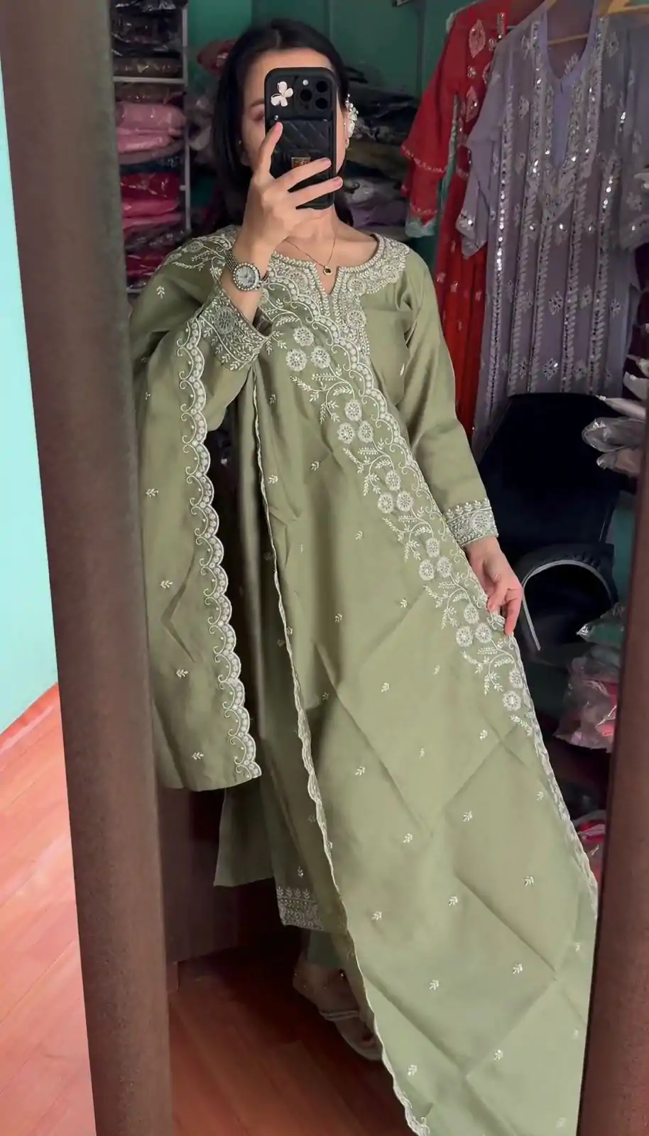 SRK 5178 Mehndi Color Chinnon Silk Embroidery Sequence Salwar Suit Wedding, Party, Festive, Events Expected Delivery 4-6 Working Days @ 2099/- | Casual Suits, Jump Suits, Salwar suit, Creative suits, Designer Suits, Palazzo Suits, Party Wear Suits, Patiala Suits, Straight Suits