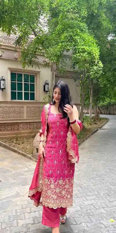 SR 1630 Pink Color Chinnon Silk Embroidery Work Sharara Suit Wedding, Party, Festive, Events Etc. Expected Delivery 4-6 Working Days @1949 | Casual Suits, Salwar suit, Creative suits, Designer Suits, Palazzo Suits, Party Wear Suits, Straight Suits