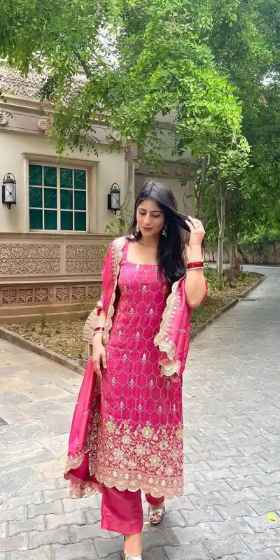 SR 1630 Pink Color Chinnon Silk Embroidery Work Sharara Suit Wedding, Party, Festive, Events Etc. Expected Delivery 4-6 Working Days @1949 | Casual Suits, Salwar suit, Creative suits, Designer Suits, Palazzo Suits, Party Wear Suits, Straight Suits