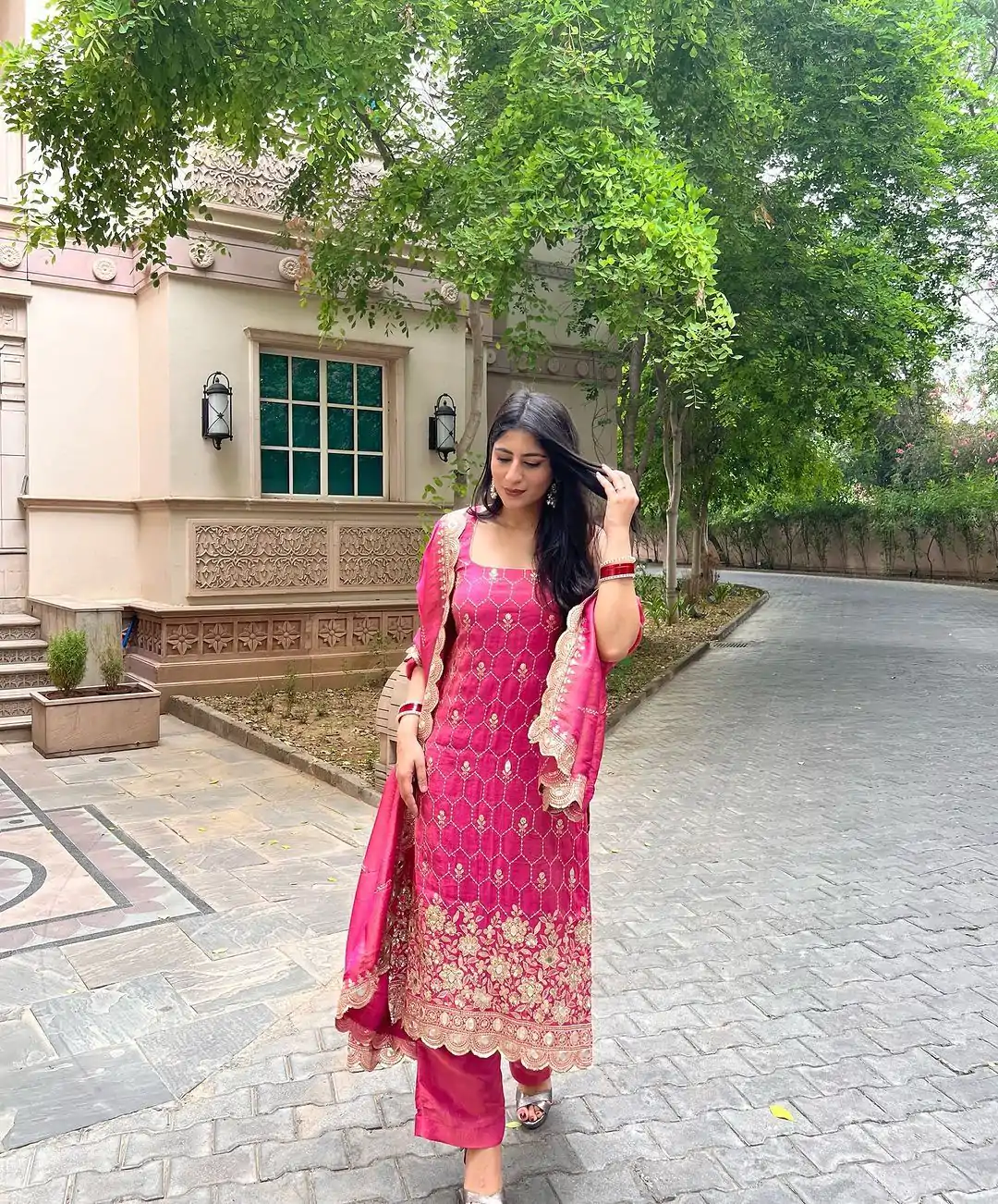 SR 1630 Pink Color Chinnon Silk Embroidery Work Sharara Suit Wedding, Party, Festive, Events Etc. Expected Delivery 4-6 Working Days @1949 | Casual Suits, Salwar suit, Creative suits, Designer Suits, Palazzo Suits, Party Wear Suits, Straight Suits