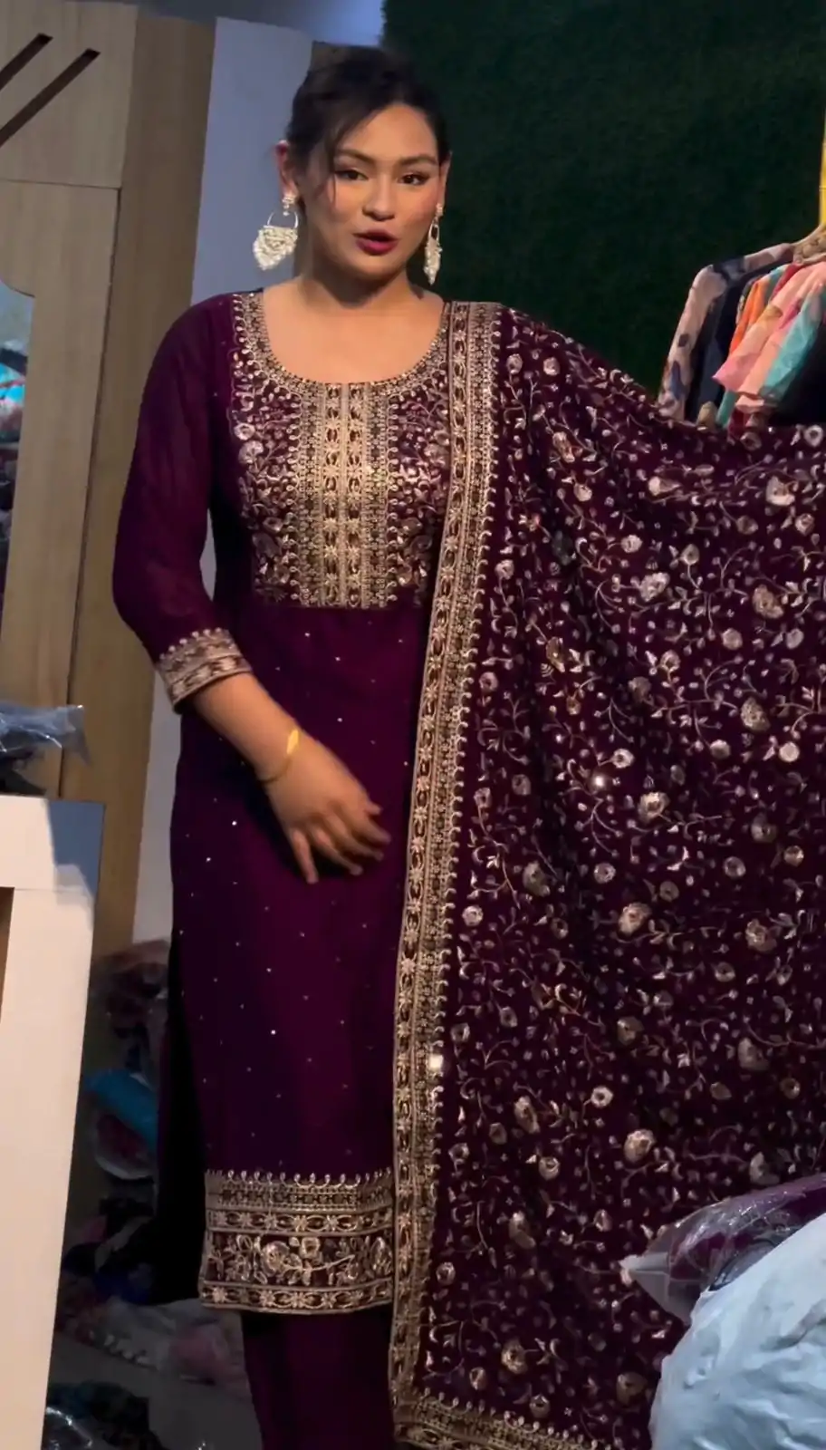 SRK 5178 Purple Color Chinnon Silk Embroidery Sequence Salwar Suit Wedding, Party, Festive, Events Expected Delivery 4-6 Working Days @ 2099/- | Casual Suits, Jump Suits, Salwar suit, Creative suits, Designer Suits, Palazzo Suits, Party Wear Suits, Patiala Suits, Straight Suits