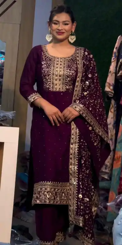SRK 5178 Purple Color Chinnon Silk Embroidery Sequence Salwar Suit Wedding, Party, Festive, Events Expected Delivery 4-6 Working Days @ 2099/- | Casual Suits, Jump Suits, Salwar suit, Creative suits, Designer Suits, Palazzo Suits, Party Wear Suits, Patiala Suits, Straight Suits