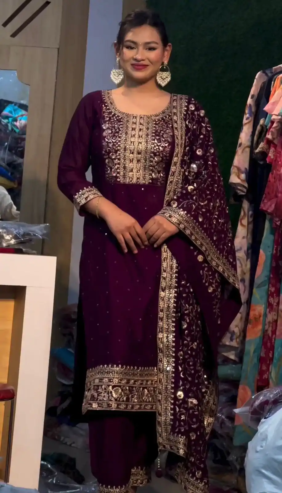 SRK 5178 Purple Color Chinnon Silk Embroidery Sequence Salwar Suit Wedding, Party, Festive, Events Expected Delivery 4-6 Working Days @ 2099/- | Casual Suits, Jump Suits, Salwar suit, Creative suits, Designer Suits, Palazzo Suits, Party Wear Suits, Patiala Suits, Straight Suits