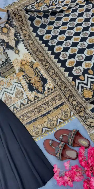 AD 166 Black Color Chinon Silk Digital Printed Work Sharara Suit Casual, Wedding, Party, Festive, Events Etc. Expected Delivery 4-6 Working Days @1949/- | Casual Suits, Jump Suits, Salwar suit, Creative suits, Designer Suits, Palazzo Suits, Party Wear Suits, Patiala Suits, Straight Suits